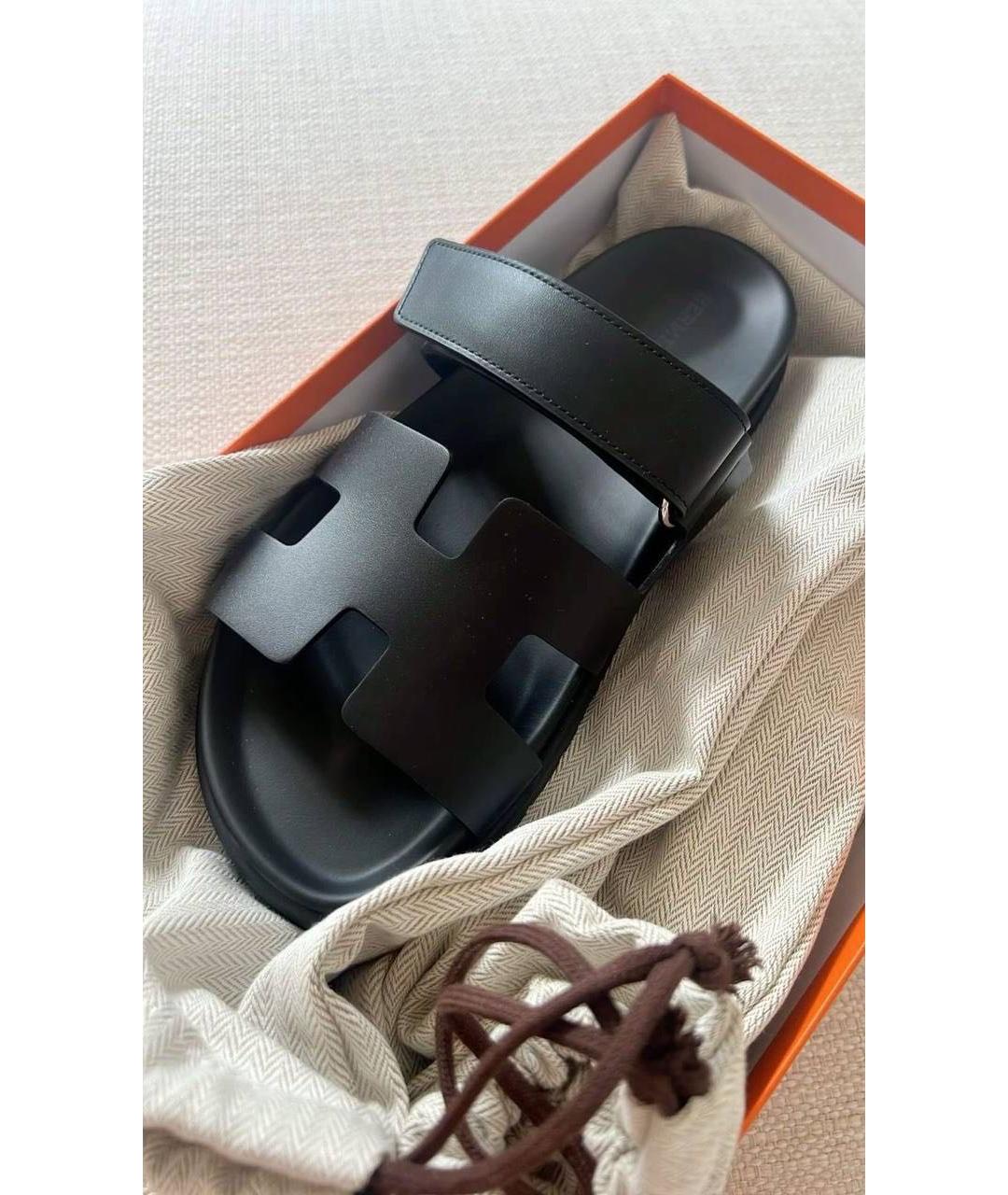 HERMES Черные кожаные шлепанцы, фото 3