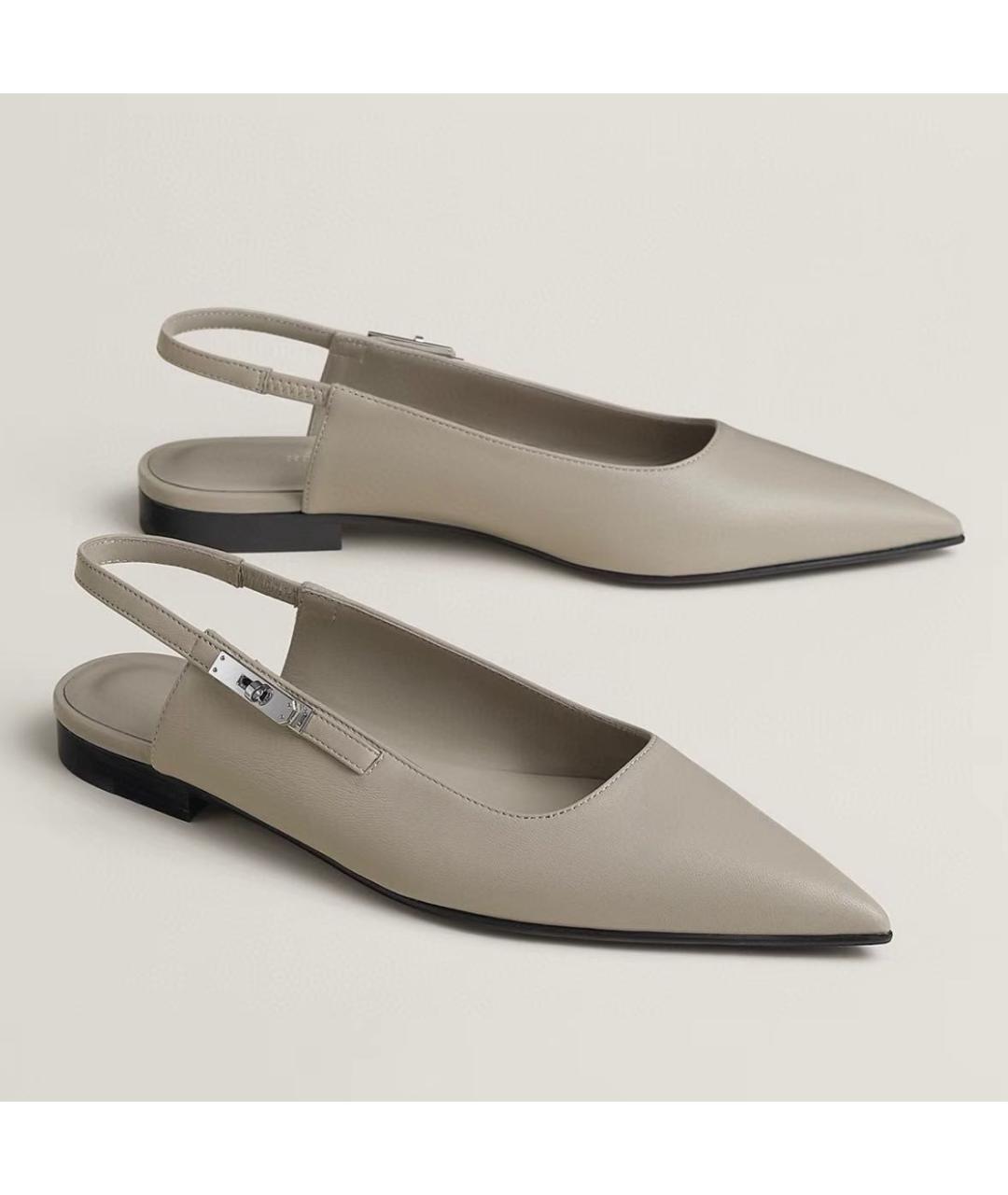 HERMES Бежевые кожаные лодочки на низком каблуке, фото 4