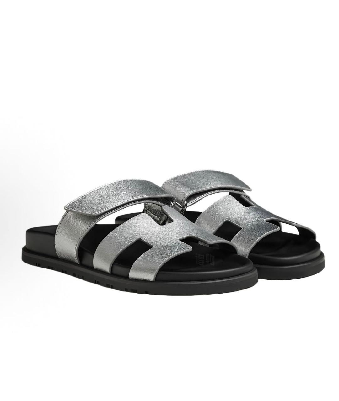 HERMES Серебряные кожаные шлепанцы, фото 7