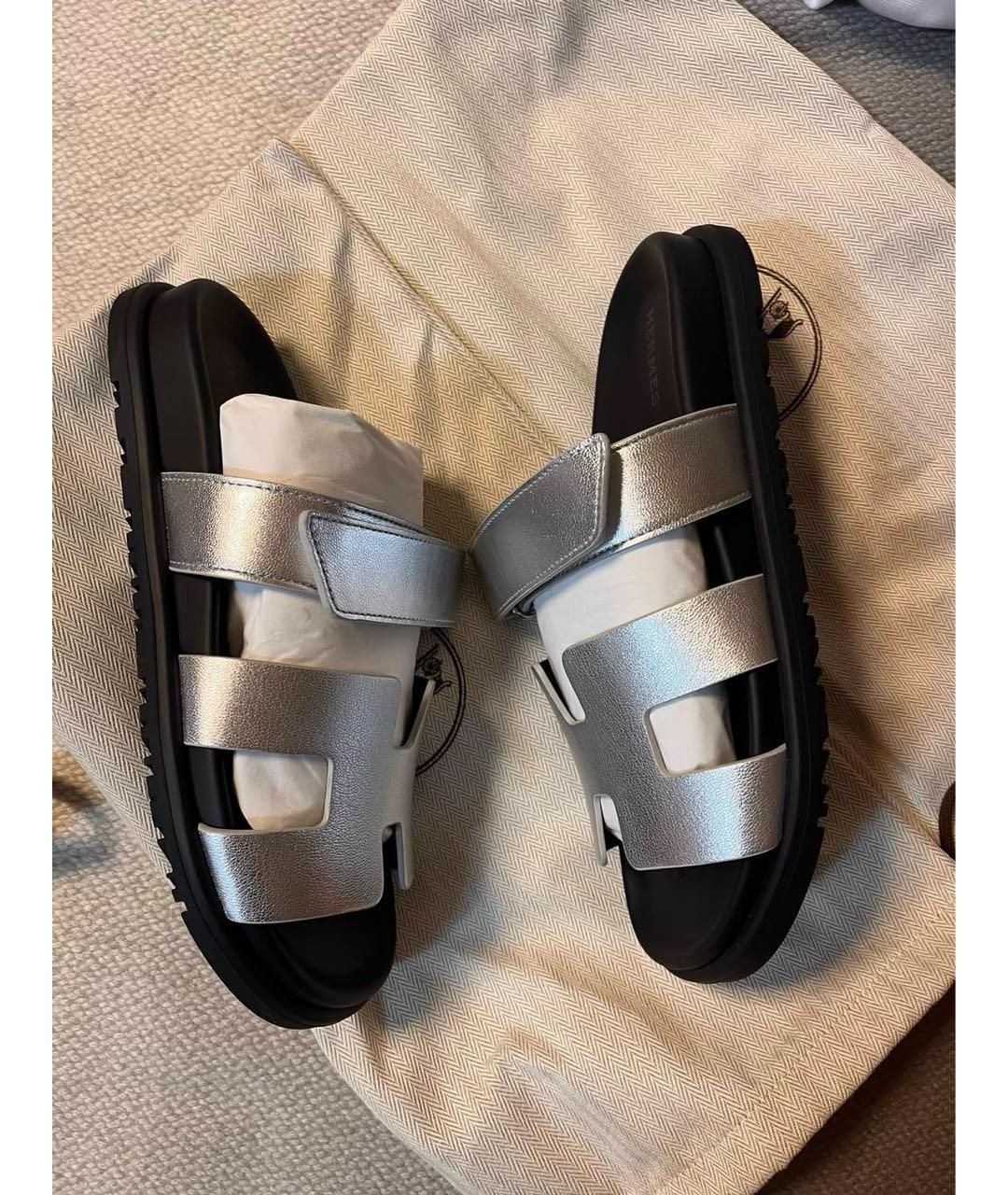 HERMES Серебряные кожаные шлепанцы, фото 5