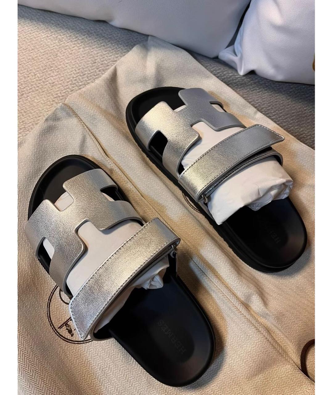 HERMES Серебряные кожаные шлепанцы, фото 3