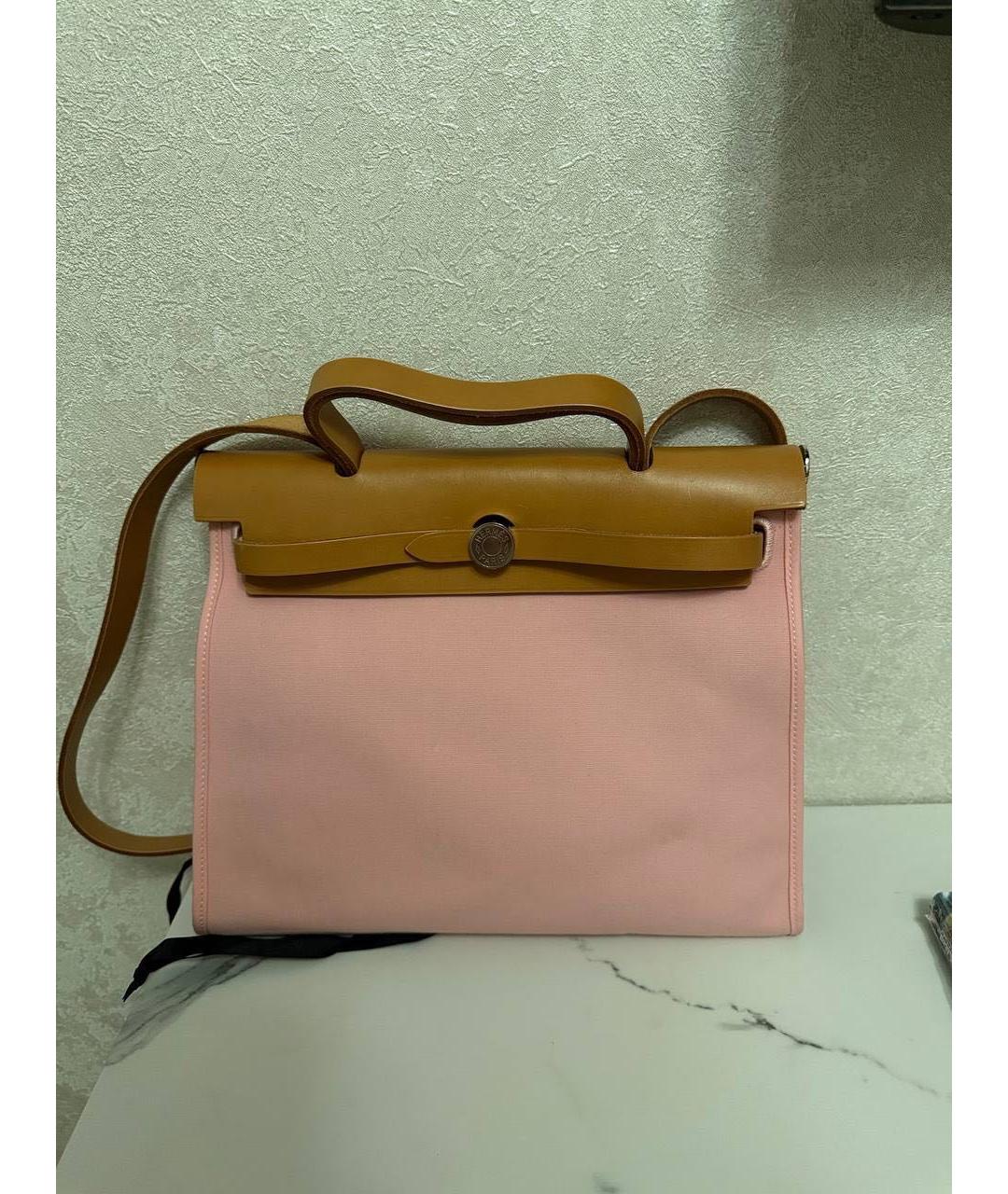 HERMES Розовая тканевая сумка с короткими ручками, фото 5