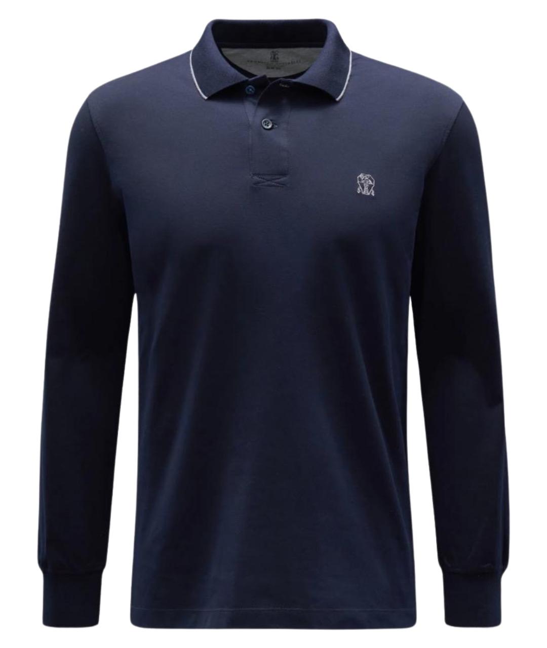 BRUNELLO CUCINELLI Темно-синее хлопковое поло с длинным рукавом, фото 1