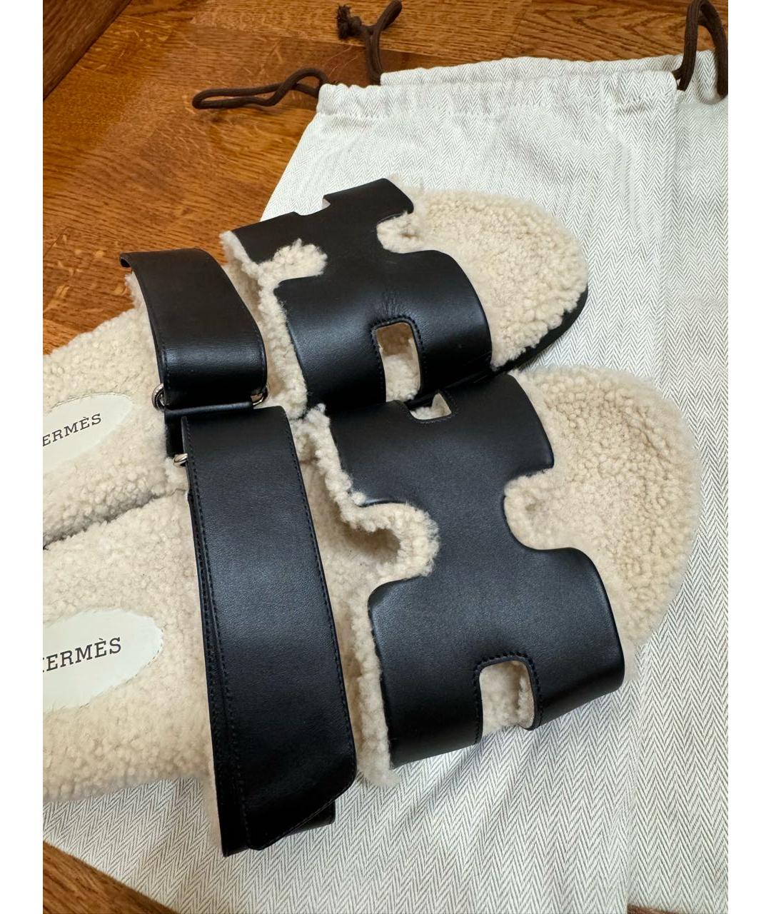 HERMES Черные кожаные шлепанцы, фото 2