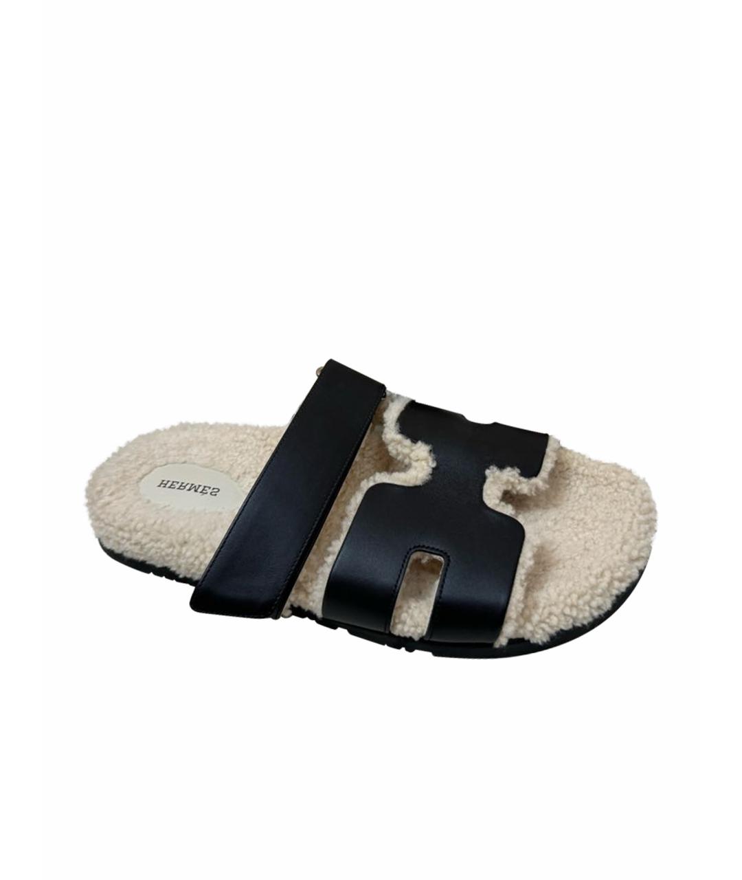 HERMES Черные кожаные шлепанцы, фото 1