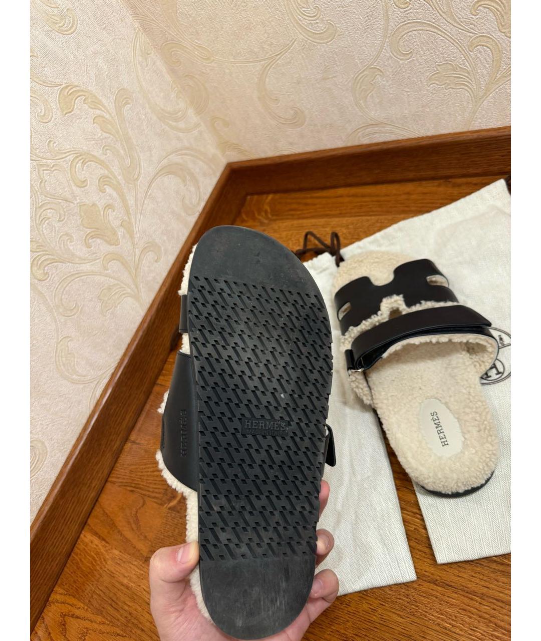 HERMES Черные кожаные шлепанцы, фото 5