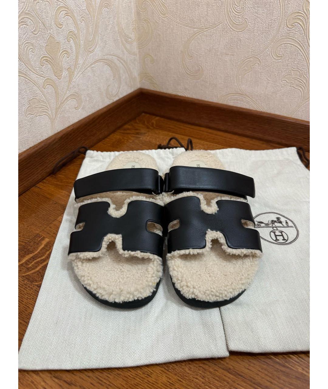 HERMES Черные кожаные шлепанцы, фото 3