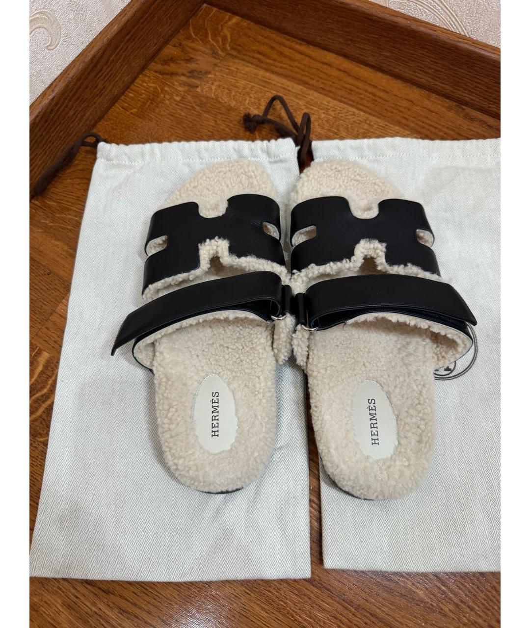 HERMES Черные кожаные шлепанцы, фото 4