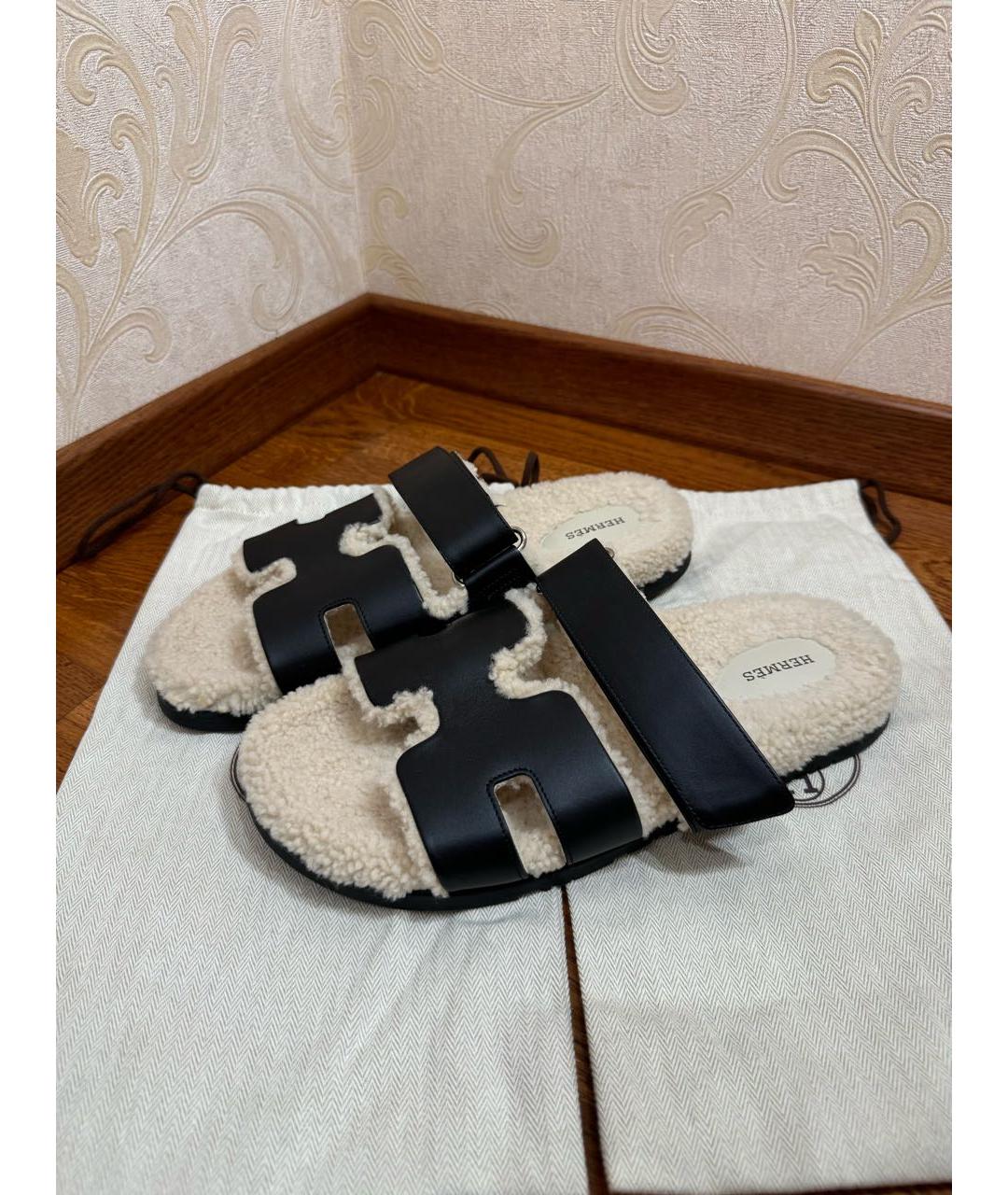 HERMES Черные кожаные шлепанцы, фото 6