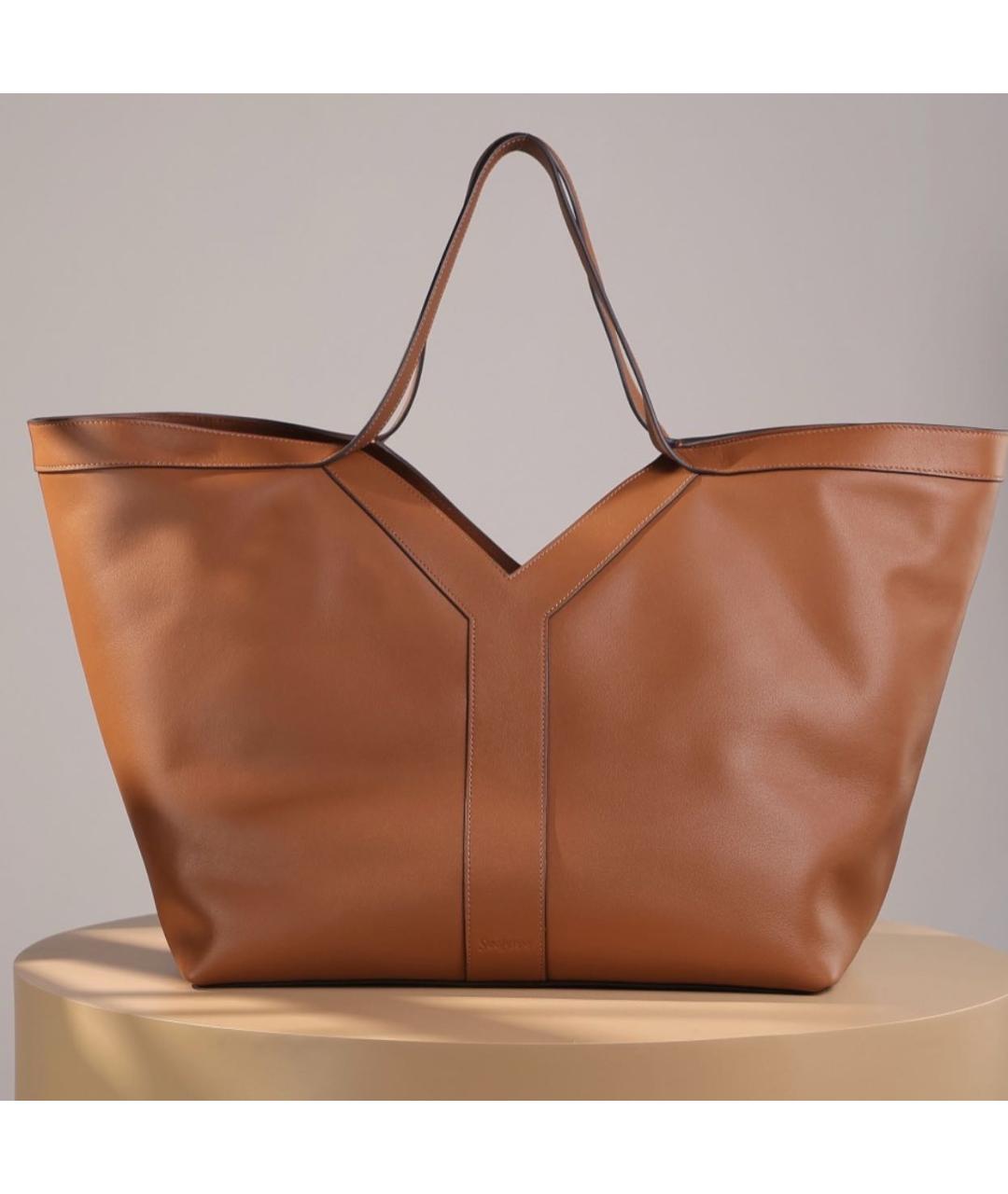 SAINT LAURENT Коричневая кожаная сумка тоут, фото 8