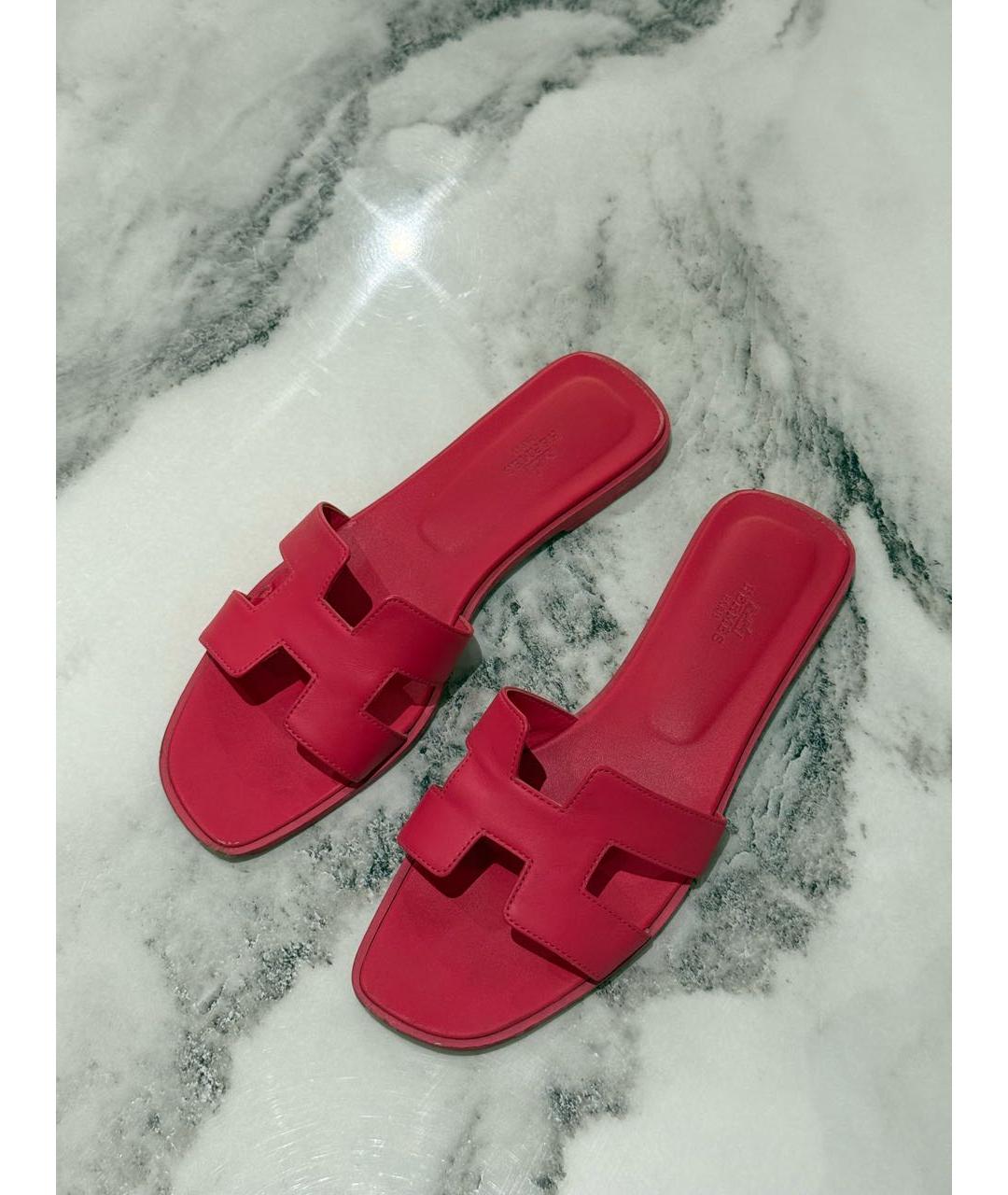 HERMES Фуксия кожаные шлепанцы, фото 6