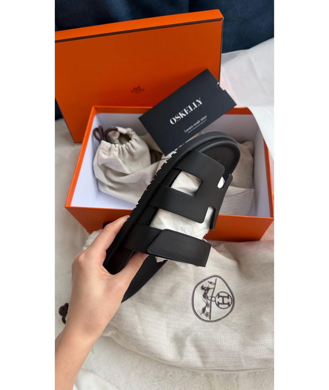 HERMES Черные кожаные шлепанцы, фото 4