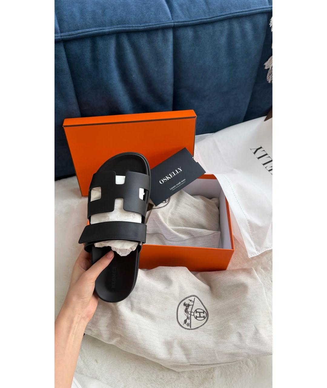 HERMES Черные кожаные шлепанцы, фото 3