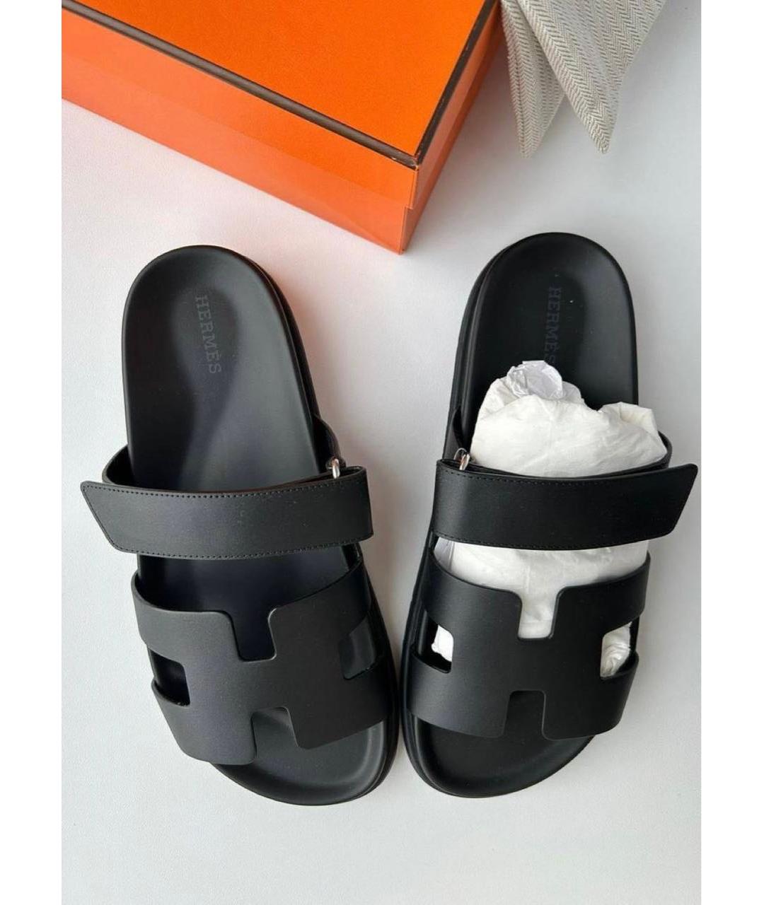HERMES Черные кожаные шлепанцы, фото 2