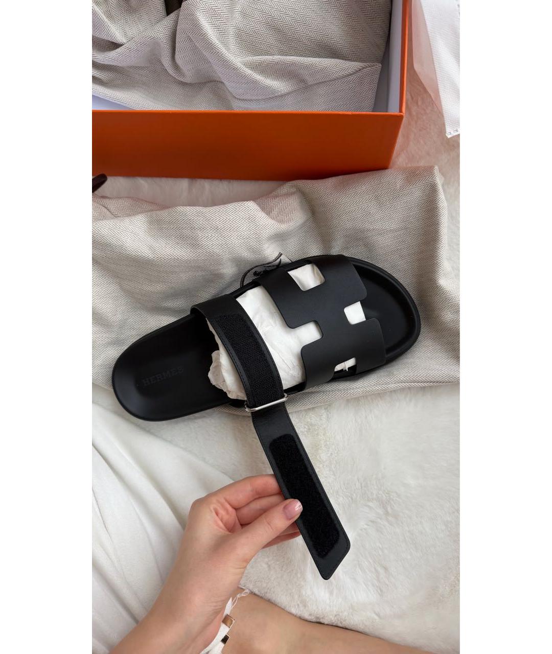 HERMES Черные кожаные шлепанцы, фото 5