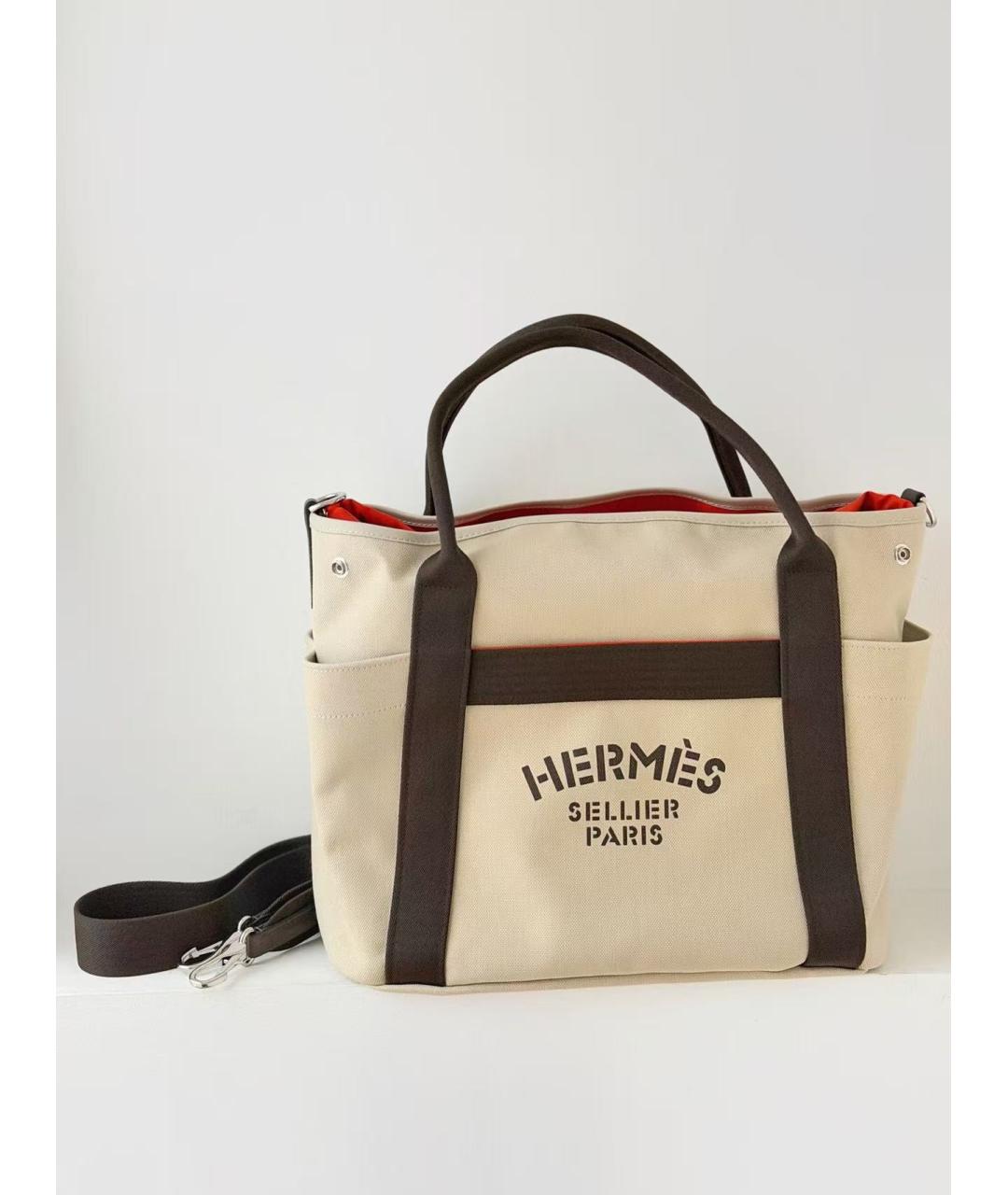 HERMES Бежевая тканевая сумка тоут, фото 2