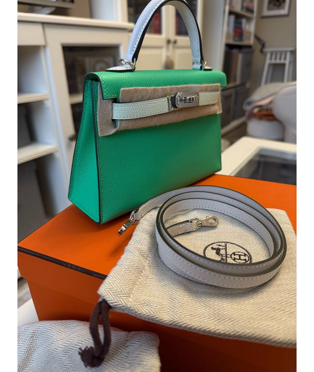 HERMES Зеленая кожаная сумка с короткими ручками, фото 2