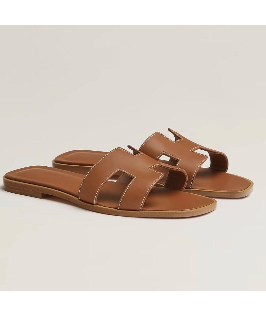 HERMES Коричневые кожаные шлепанцы, фото 4