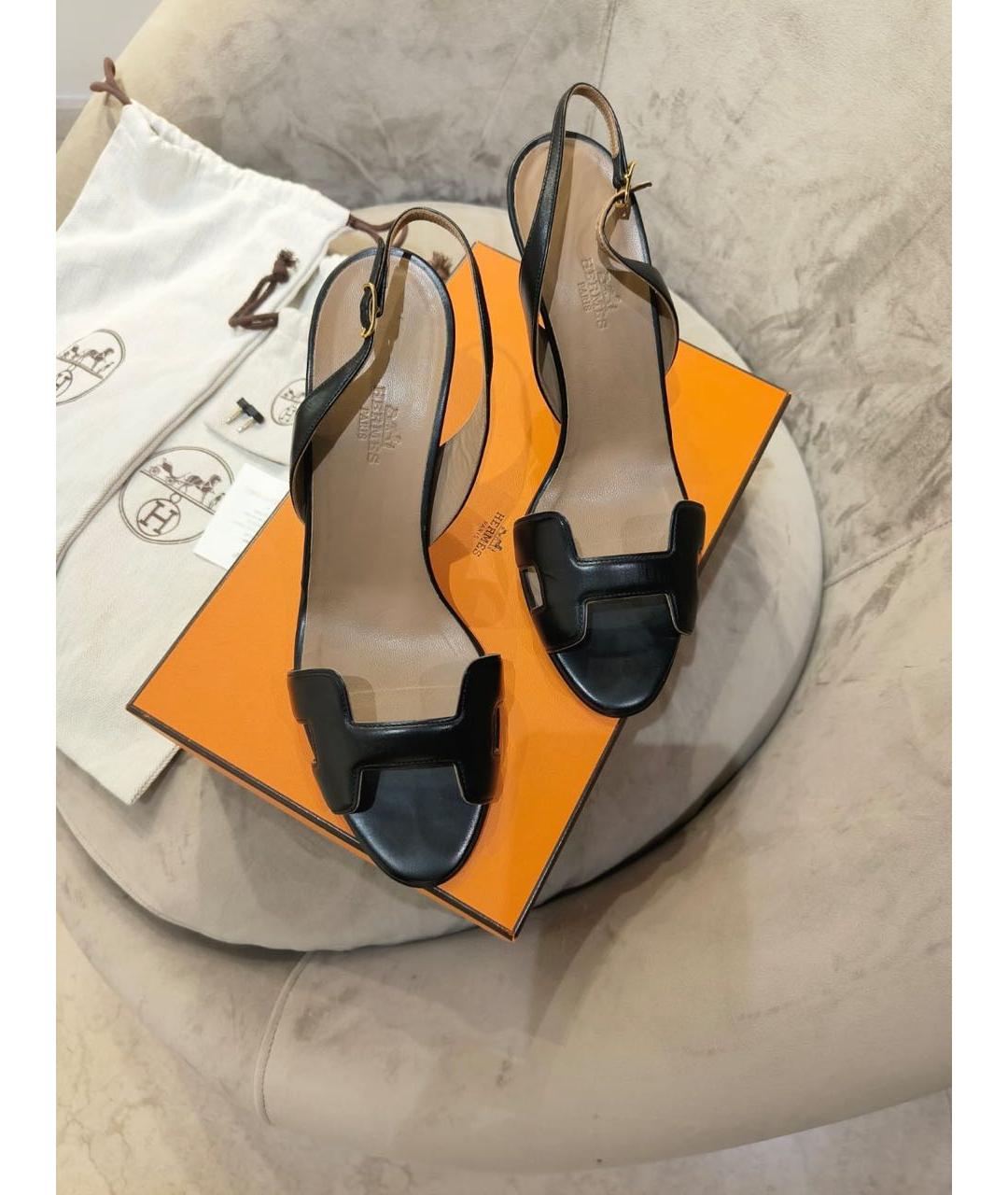 HERMES Черные кожаные босоножки, фото 2