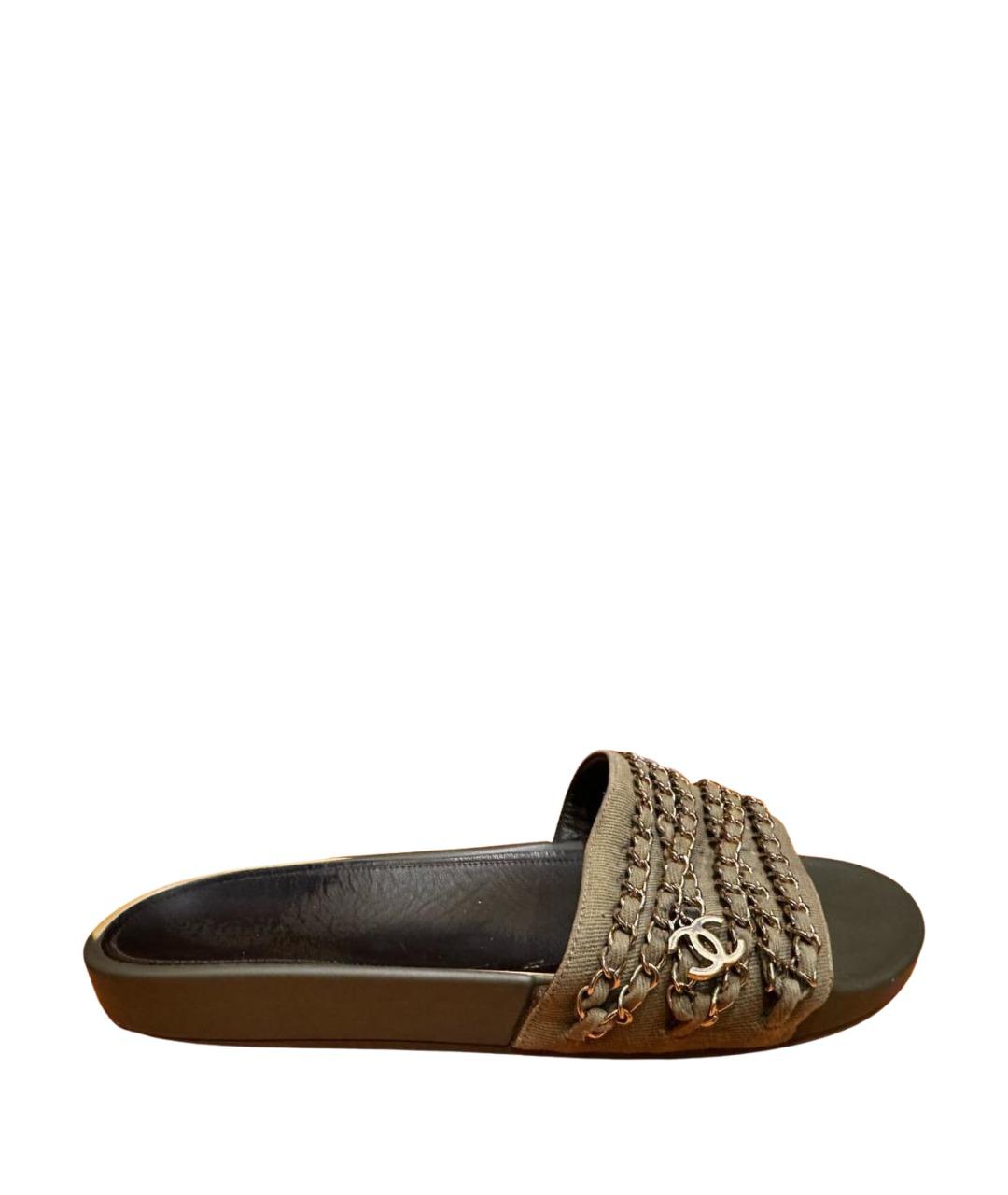 CHANEL Хаки текстильные шлепанцы, фото 1
