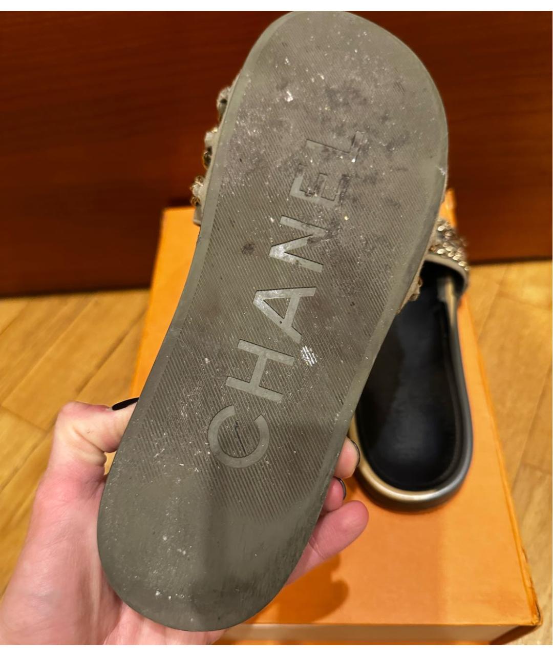 CHANEL Хаки текстильные шлепанцы, фото 8