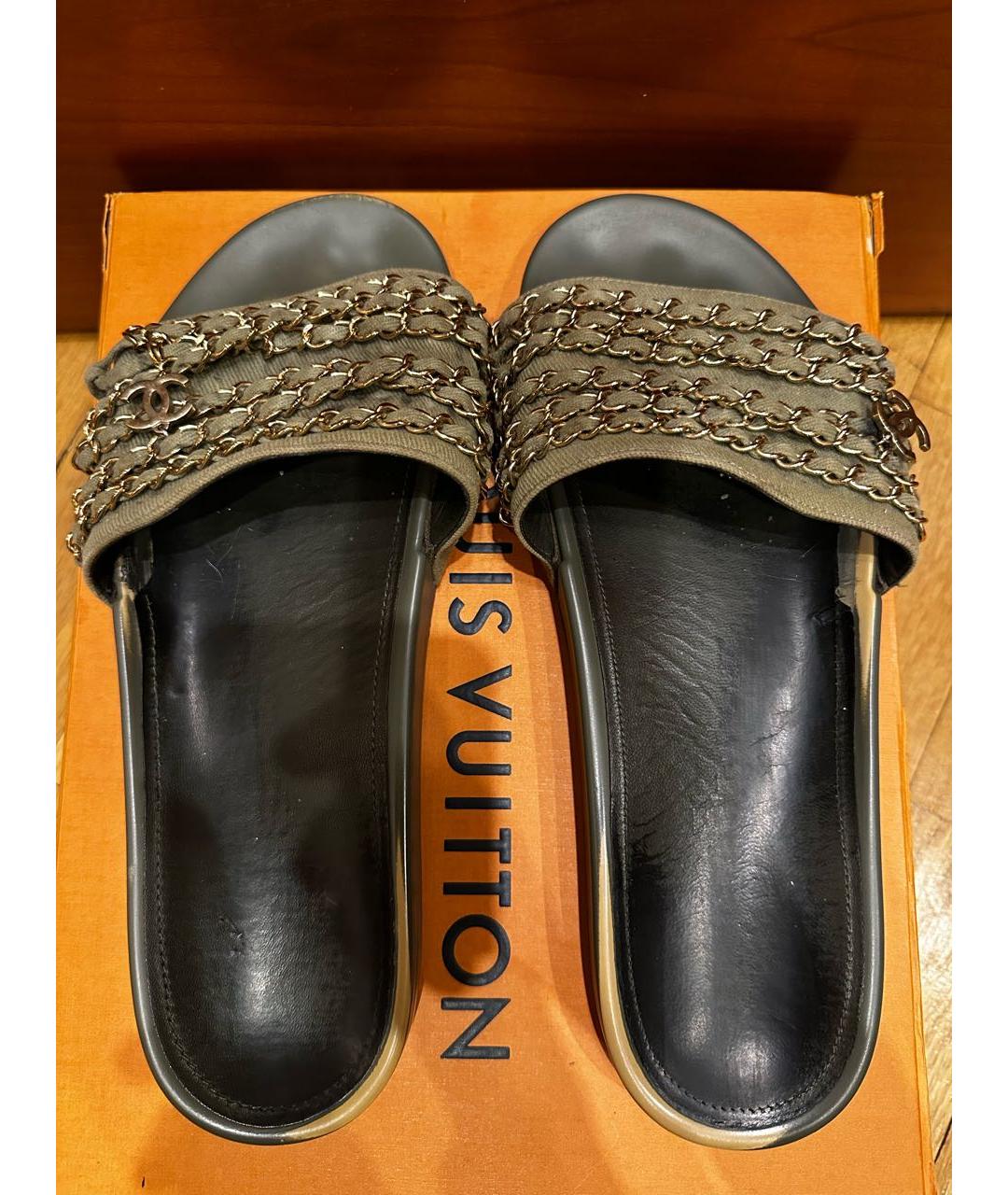 CHANEL Хаки текстильные шлепанцы, фото 3