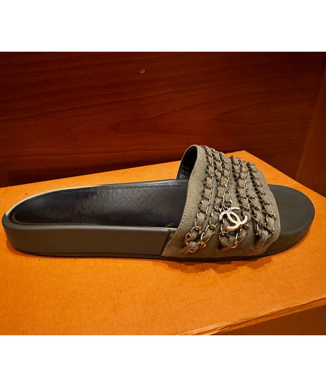 CHANEL Хаки текстильные шлепанцы, фото 9