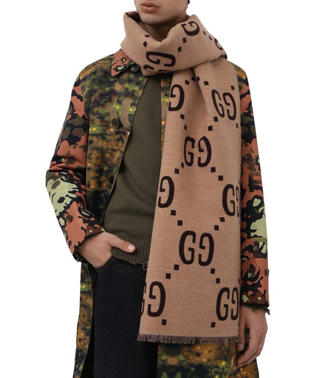 GUCCI Коричневый шерстяной шарф, фото 7