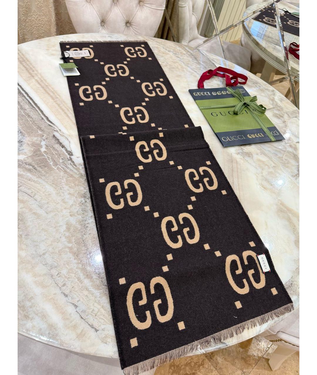 GUCCI Коричневый шерстяной шарф, фото 4