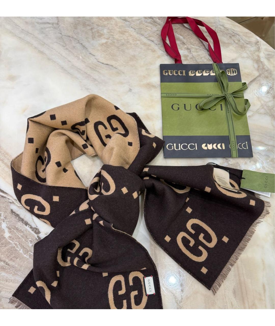 GUCCI Коричневый шерстяной шарф, фото 6