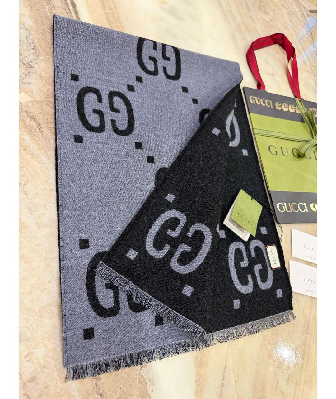 GUCCI Серый шерстяной шарф, фото 7