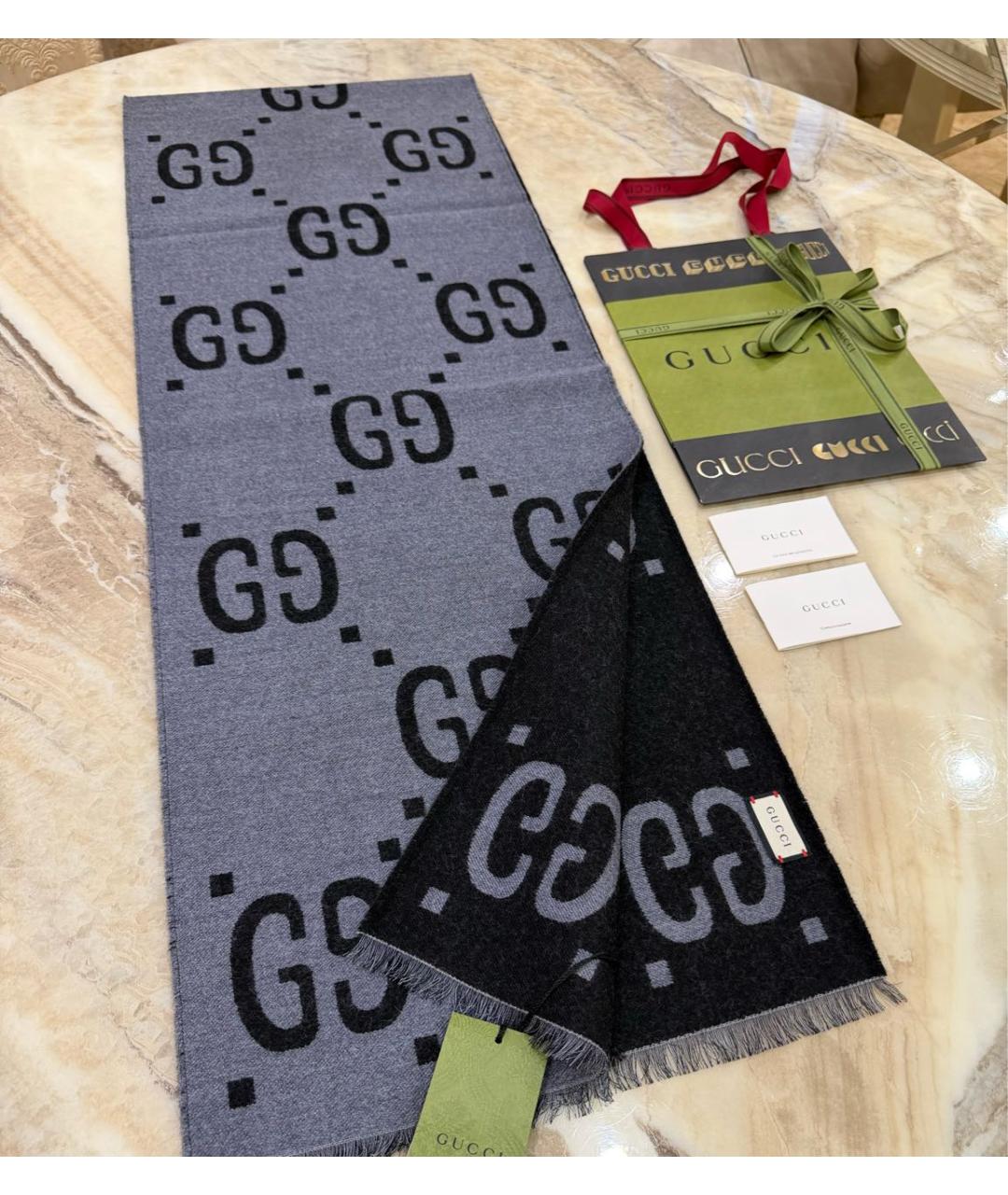GUCCI Серый шерстяной шарф, фото 4