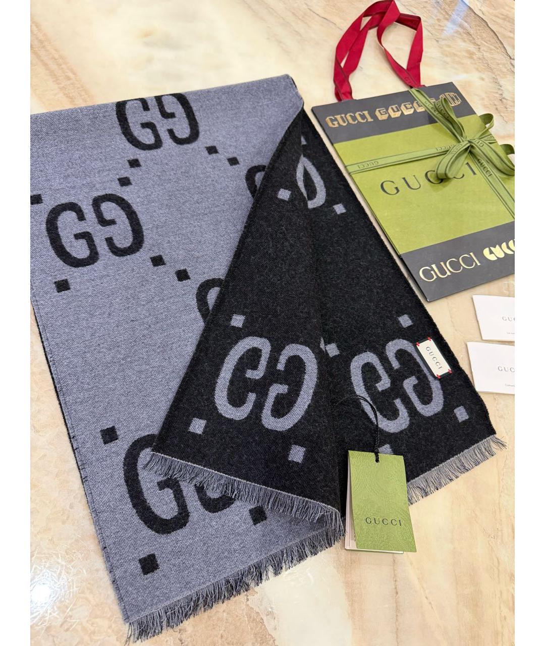 GUCCI Серый шерстяной шарф, фото 2