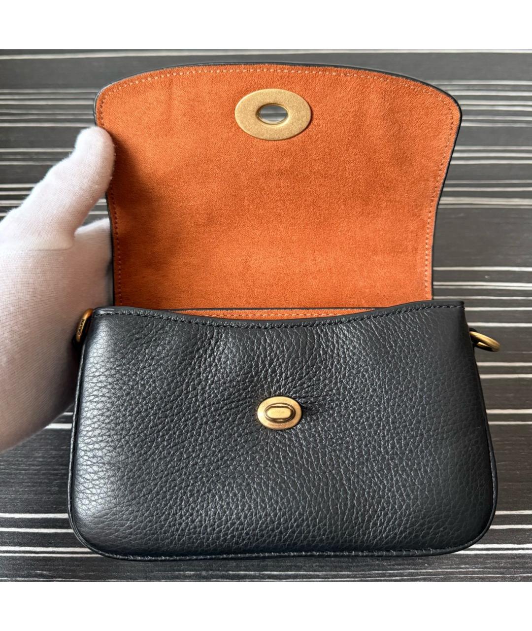 COACH Черная кожаная сумка с короткими ручками, фото 4