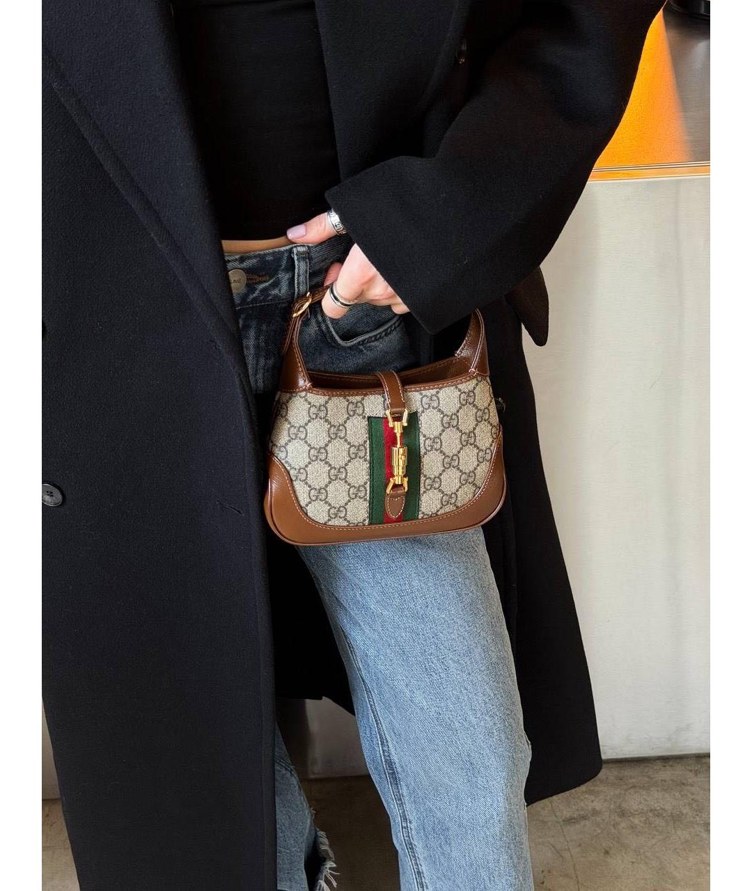 GUCCI Коричневая тканевая сумка с короткими ручками, фото 2