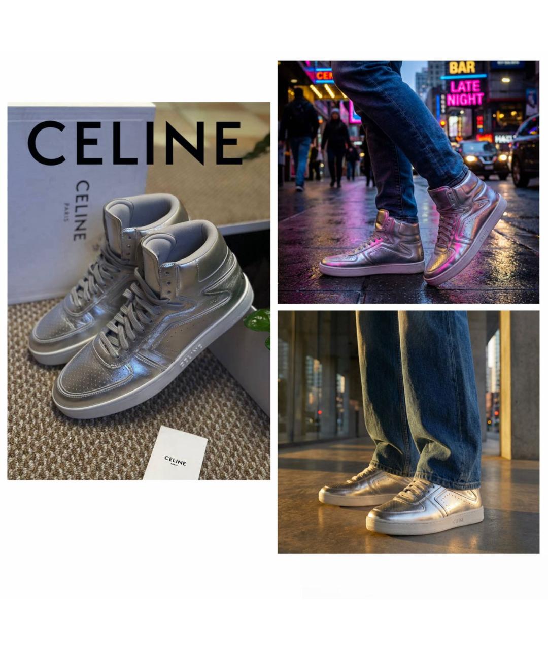 CELINE Серебряные кожаные высокие кроссовки / кеды, фото 5