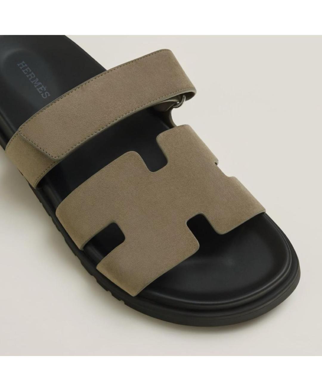 HERMES Хаки замшевые шлепанцы, фото 2