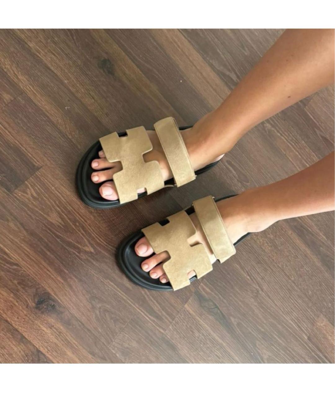 HERMES Хаки замшевые шлепанцы, фото 3