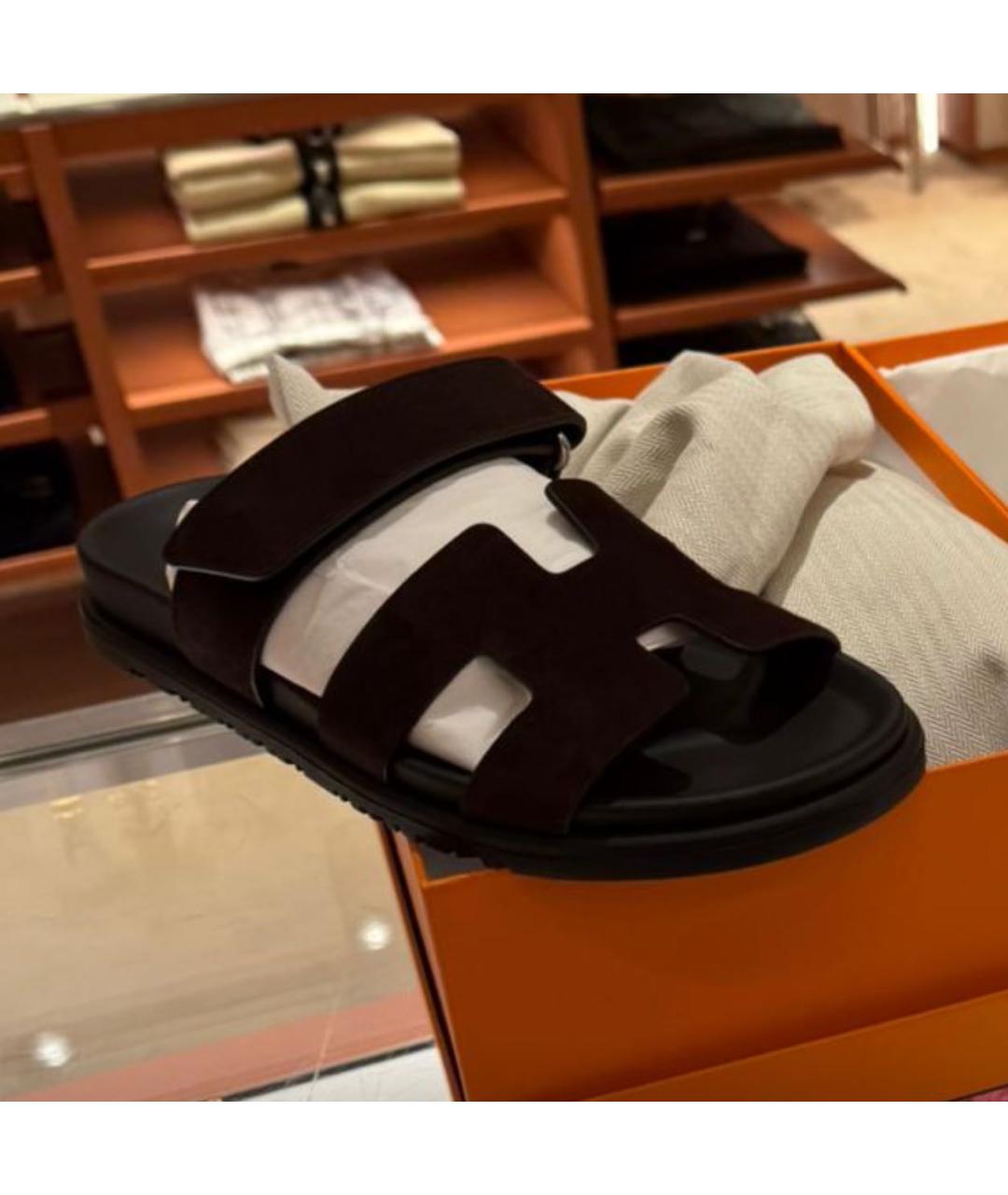 HERMES Коричневые замшевые шлепанцы, фото 4