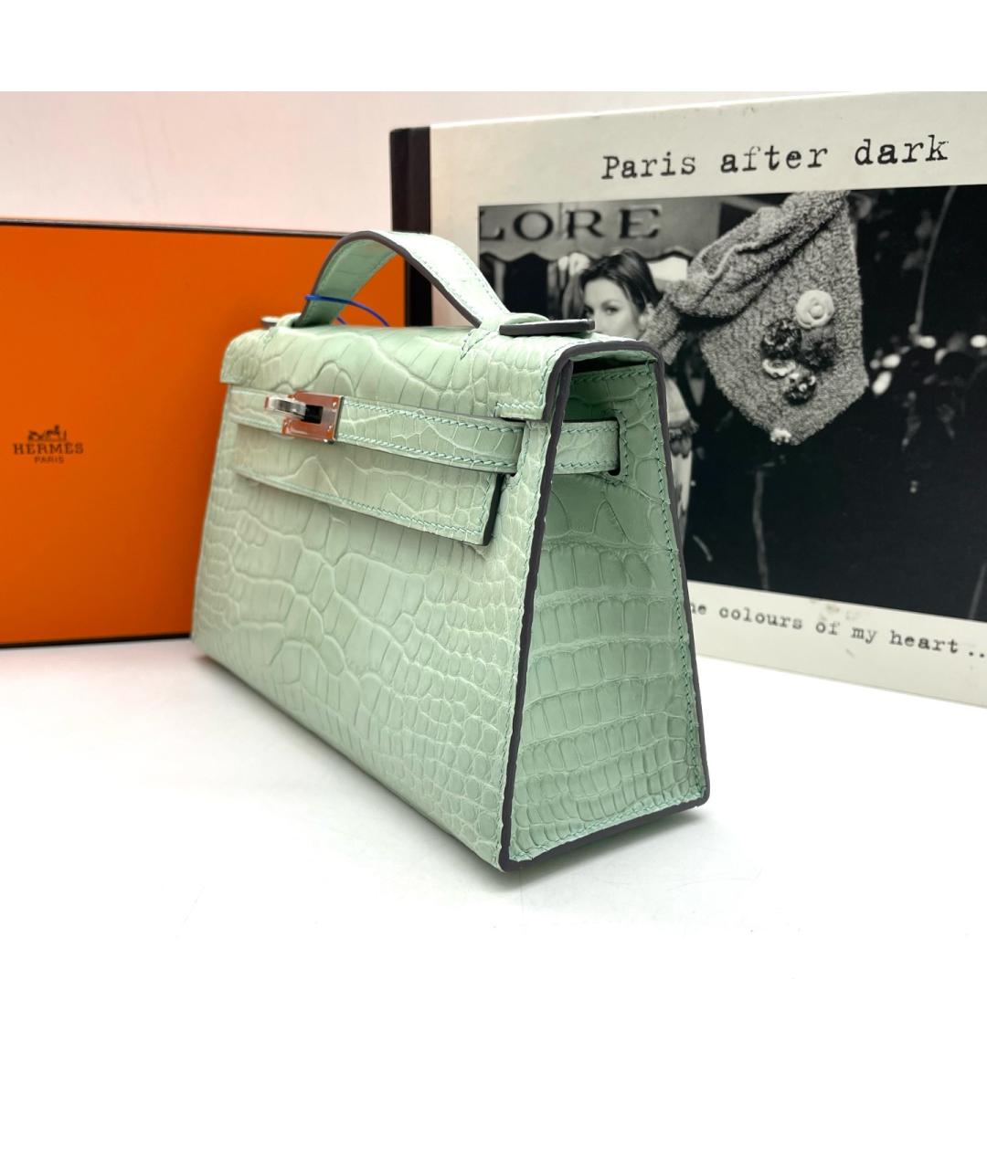HERMES Зеленая сумка с короткими ручками из экзотической кожи, фото 4