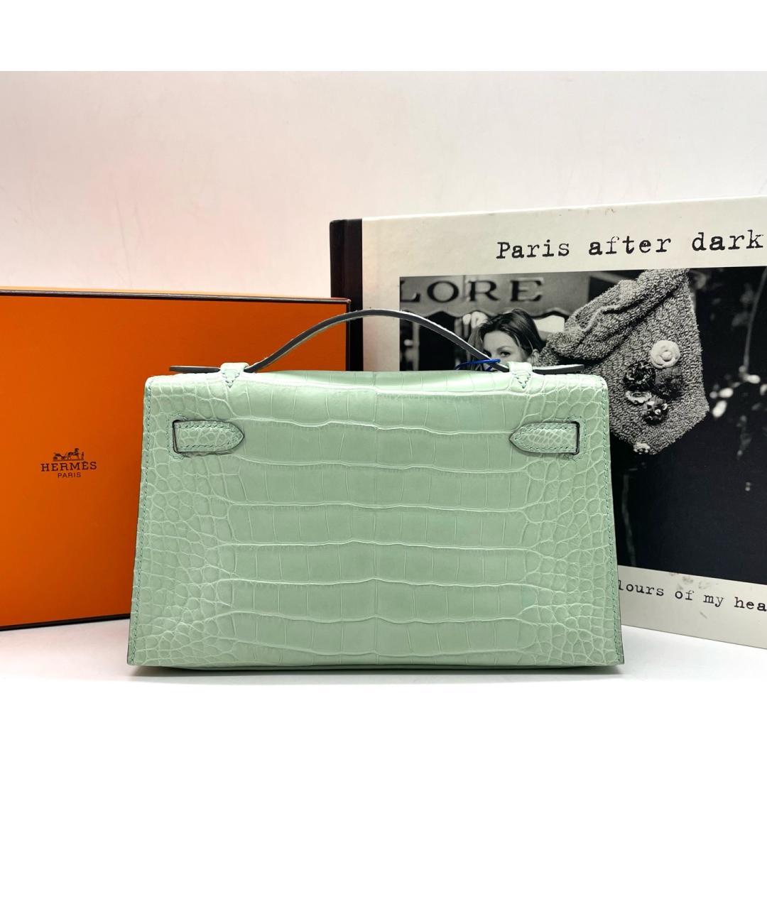 HERMES Зеленая сумка с короткими ручками из экзотической кожи, фото 3
