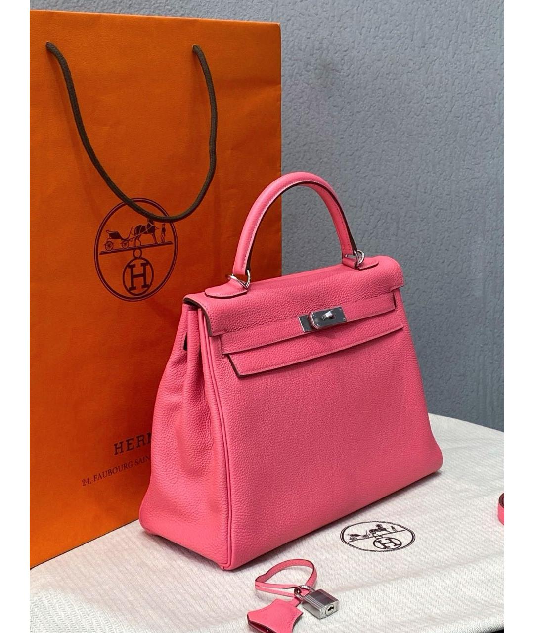 HERMES Розовая кожаная сумка с короткими ручками, фото 4