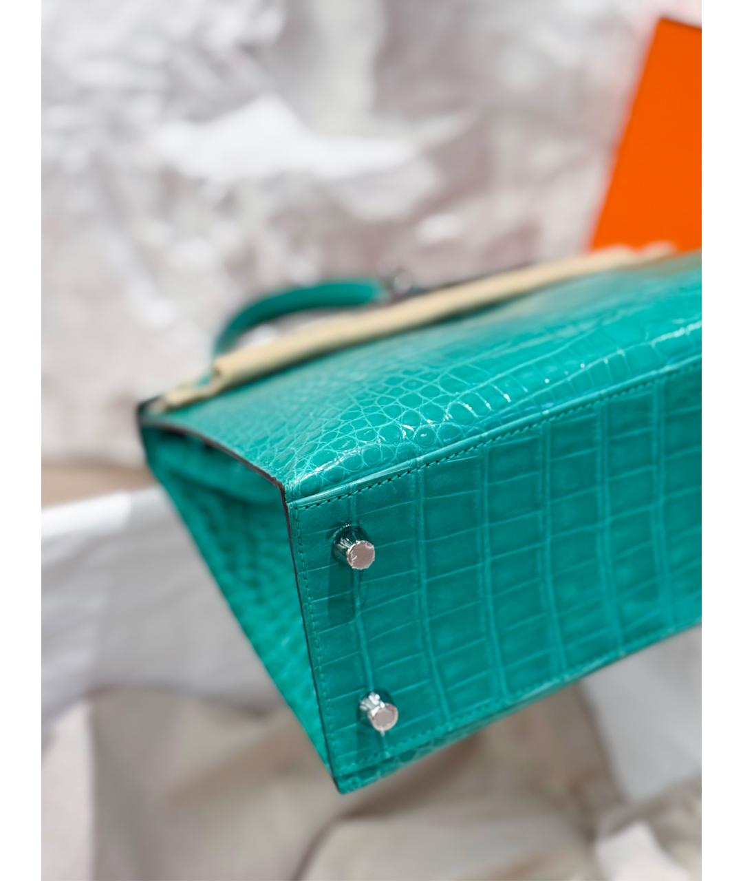 HERMES Бирюзовая сумка с короткими ручками из экзотической кожи, фото 2
