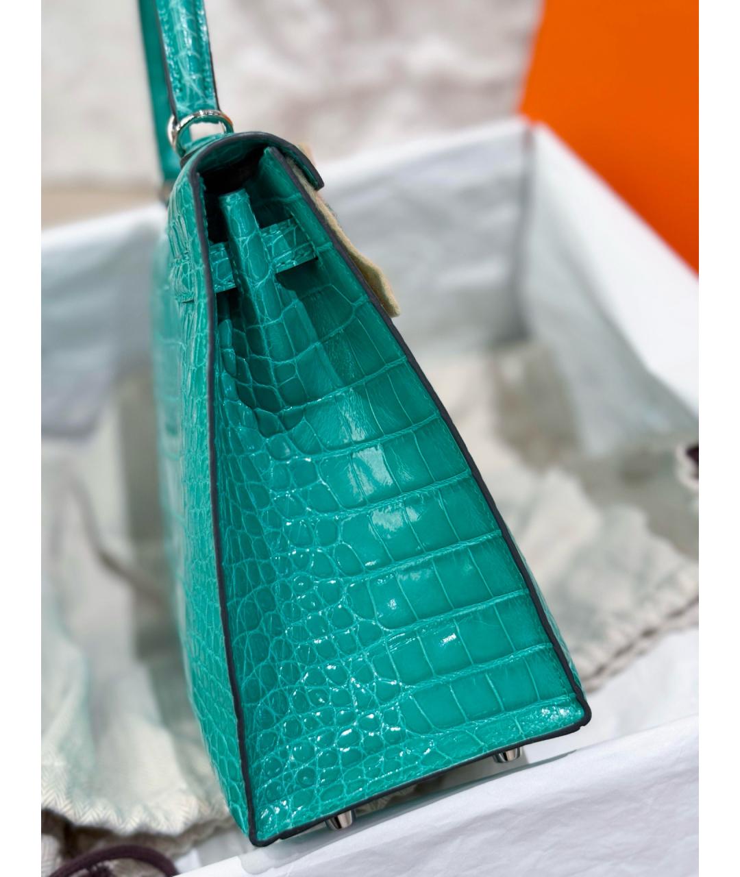 HERMES Бирюзовая сумка с короткими ручками из экзотической кожи, фото 4