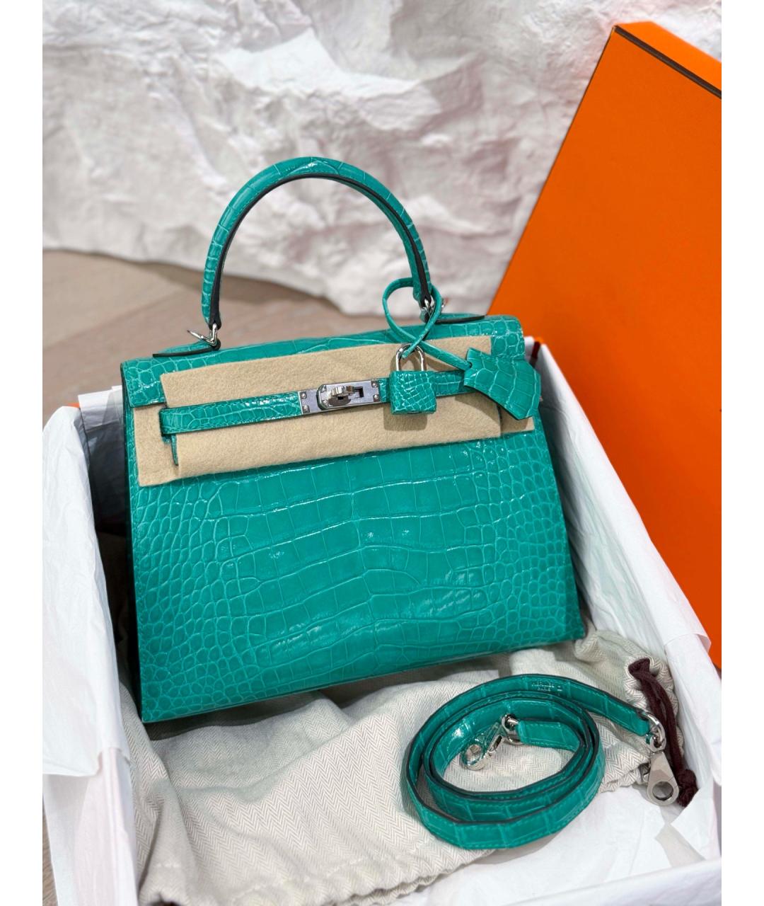 HERMES Бирюзовая сумка с короткими ручками из экзотической кожи, фото 5