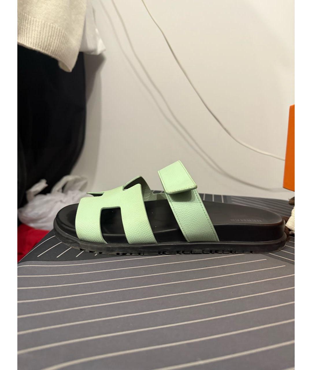 HERMES Салатовые кожаные шлепанцы, фото 8