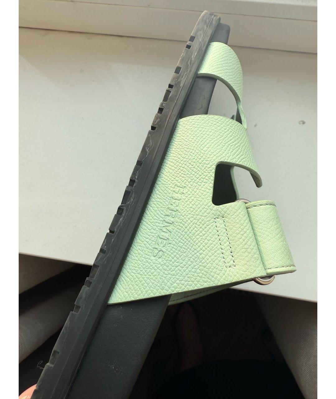 HERMES Салатовые кожаные шлепанцы, фото 7