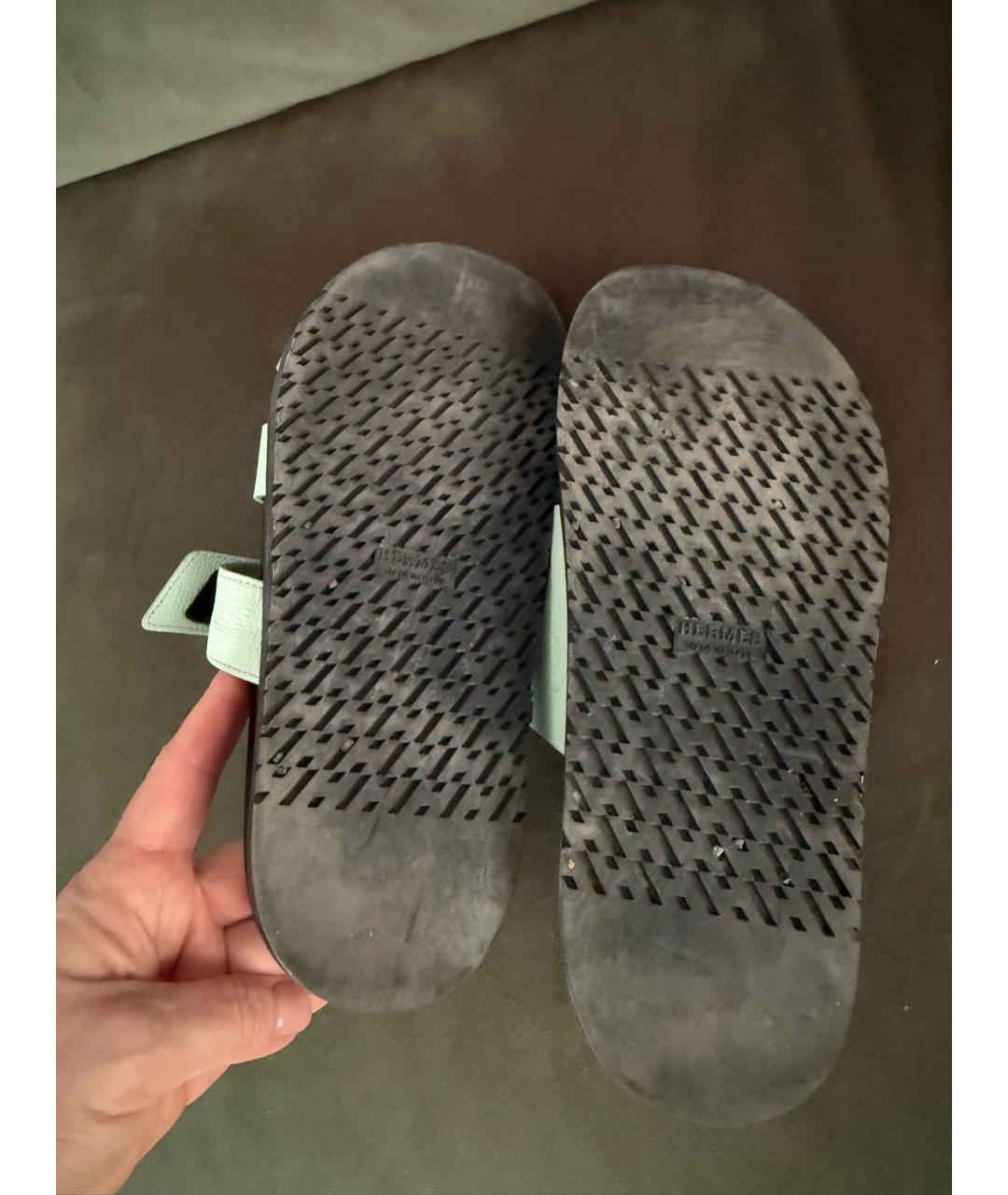 HERMES Салатовые кожаные шлепанцы, фото 6