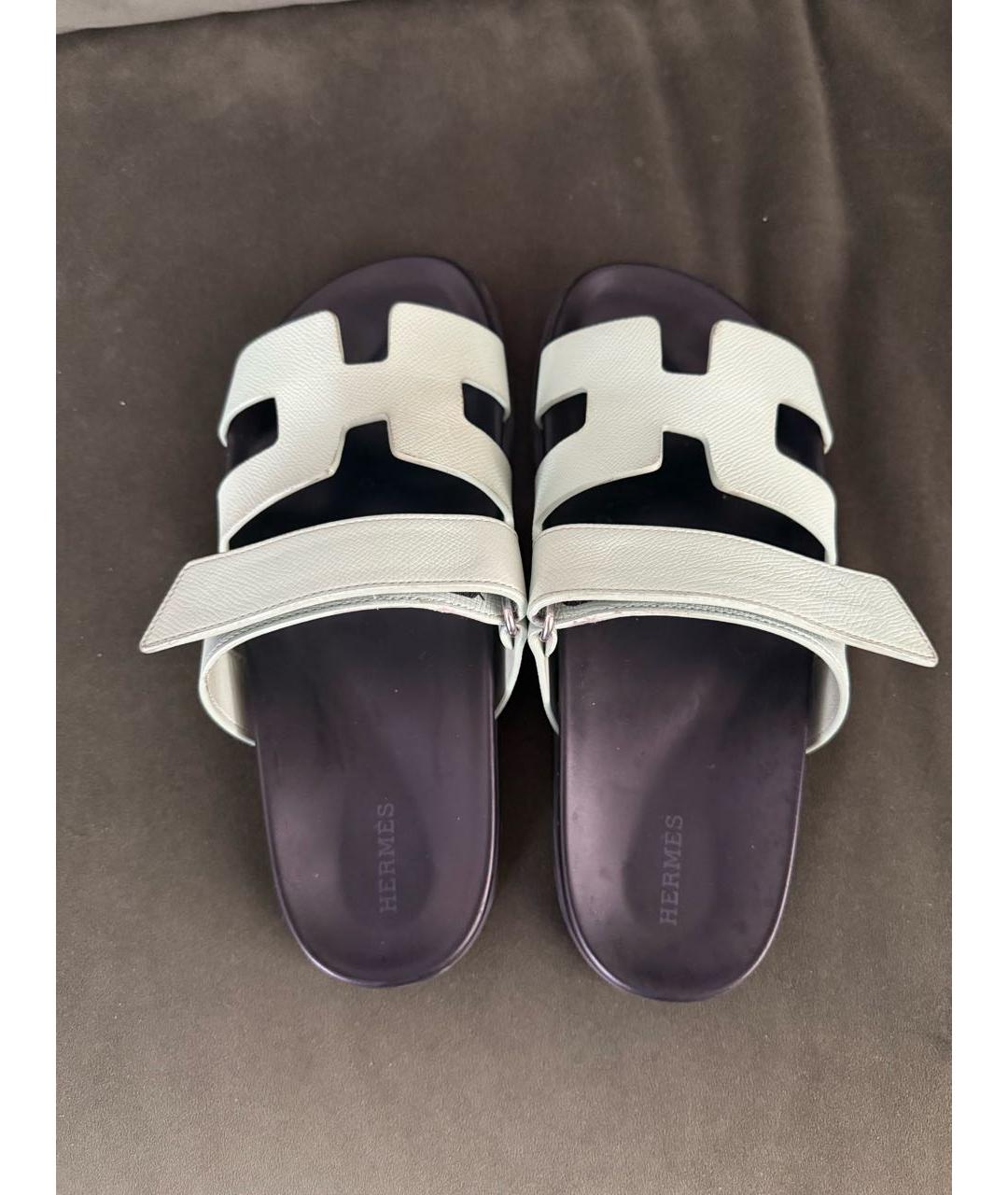 HERMES Салатовые кожаные шлепанцы, фото 2