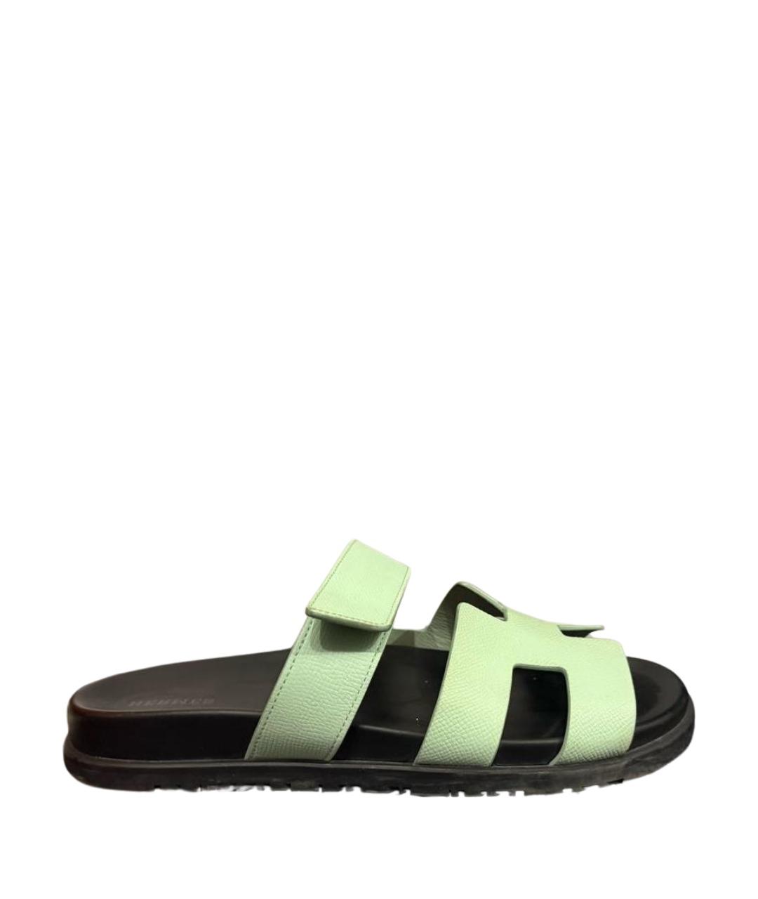 HERMES Салатовые кожаные шлепанцы, фото 1